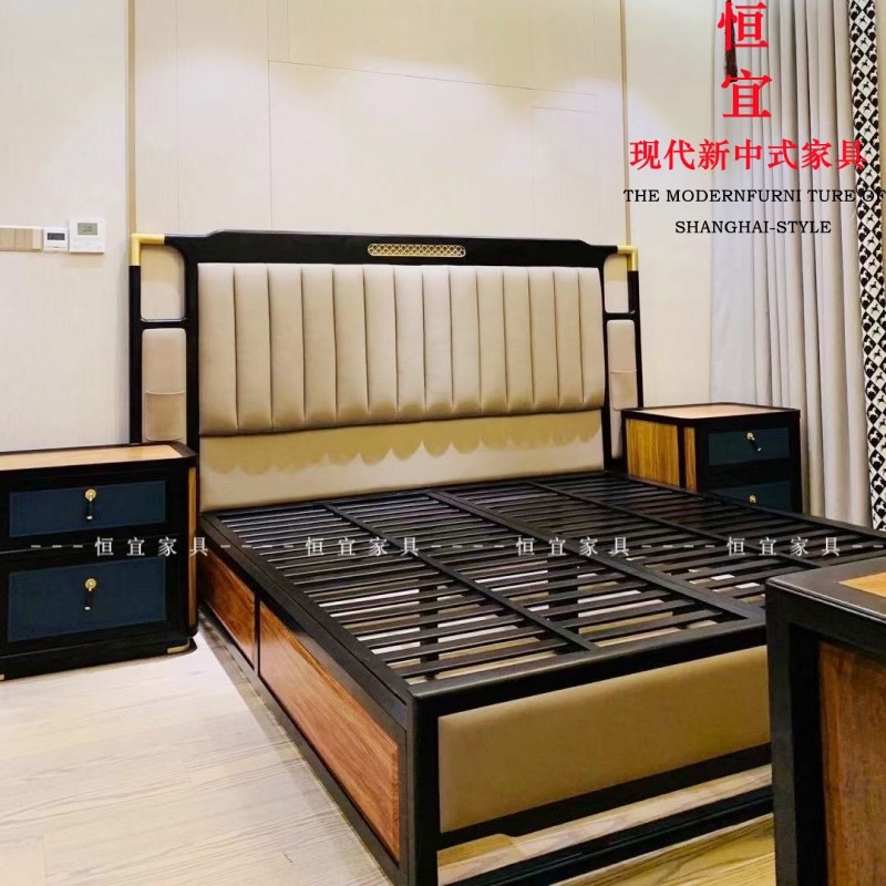 刺猬紫檀苏梨上品大床家中式红木具新真皮婚床花梨木1.8米双人床