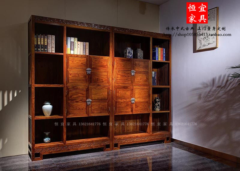 刺猬紫檀云纹书柜实木家具现代苏作红木新中式花梨木书架/书橱