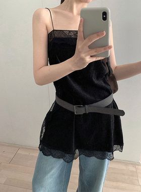 TG 韩系纯欲宽松单穿叠搭蕾丝花边拼接丝绒吊带裙女2025冬款26083