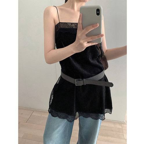 TG 韩系纯欲宽松单穿叠搭蕾丝花边拼接丝绒吊带裙女2025冬款26083