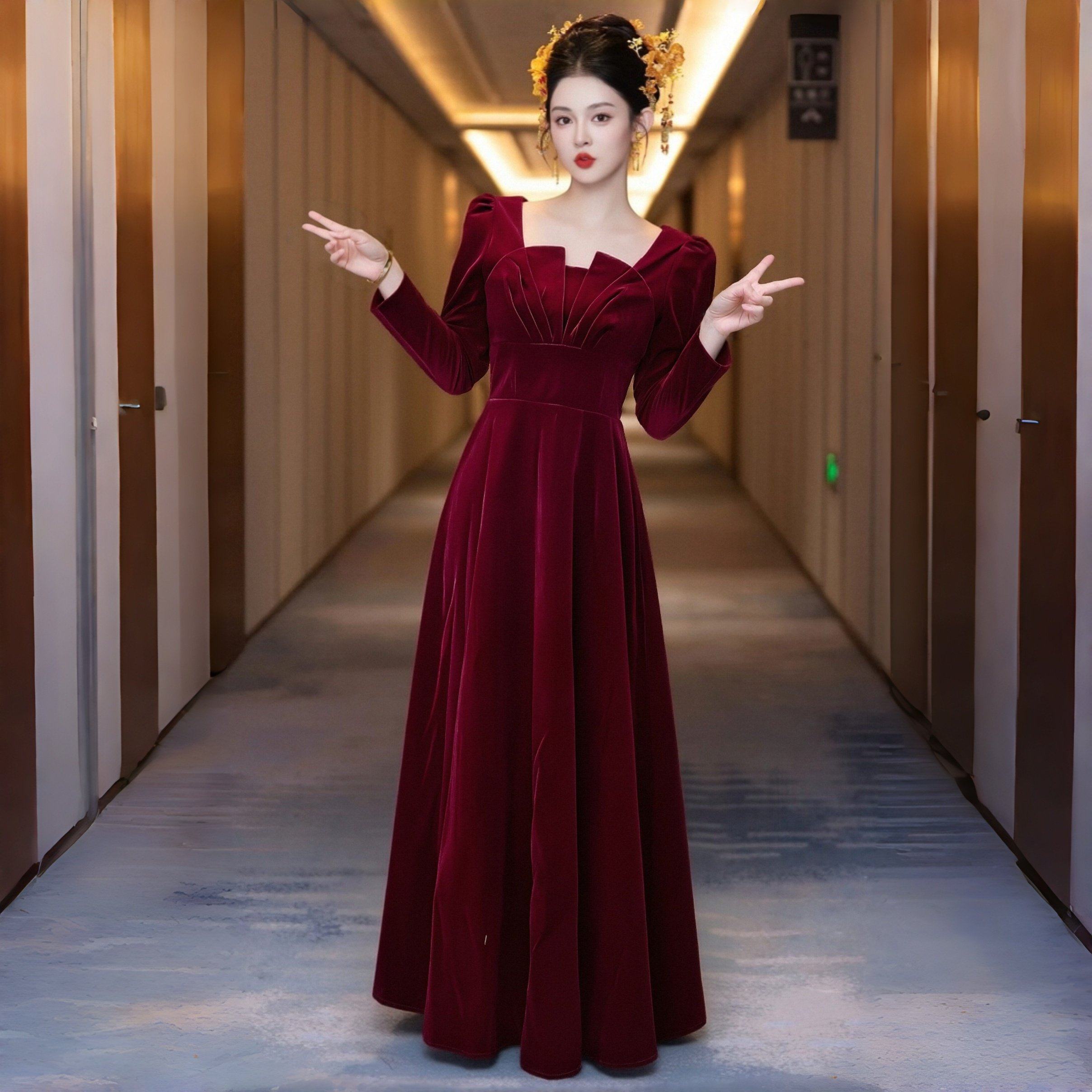 优雅丝绒方领长袖修身长款敬酒服新娘高级感酒红色显瘦订婚礼服裙,女装/女士精品,礼服/晚装,淘宝优惠券,粉丝福利购,淘宝优惠卷