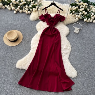 红色礼服裙子平时可穿成人礼高级感法式晚装气场强大一字肩吊带裙