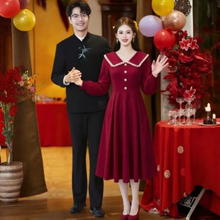 优雅红色礼服裙女中长款娃娃领修身敬酒服新娘小个子结婚连衣裙女