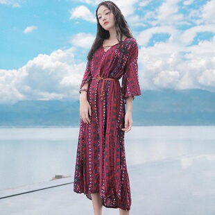 夏季裙子修身开叉V领连衣裙气质宽松越南芽庄旅游沙滩裙海边度假