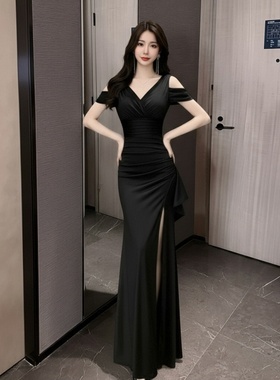 夜总店性感连衣裙女2025新款黑色深V晚礼服裙长款夜场上班工作服