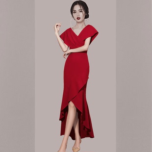 新娘敬酒服红色晚礼服2025新款v领鱼尾优雅主持人宴会裙大气订婚