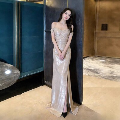 2026新款晚礼服高端轻奢亮片一字领开叉长裙高级气质性感连衣裙女