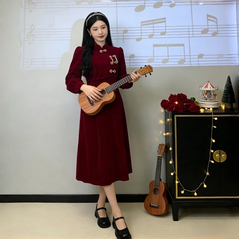 盘扣气质高端小众中长款礼服裙女