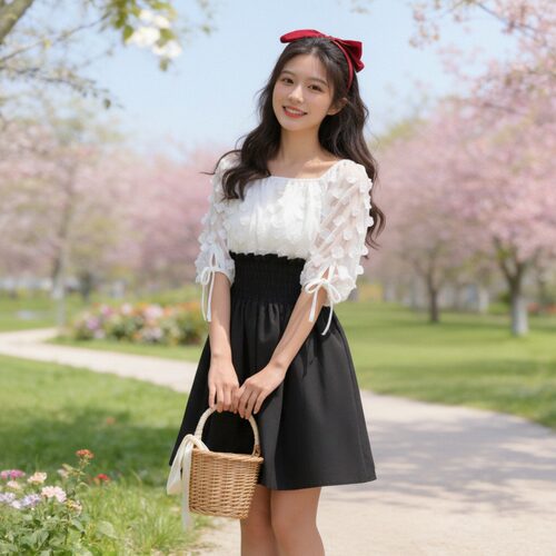 温柔风拼接连衣裙小个子方领花瓣袖收腰修身显瘦少女感A字款短裙