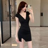 黑色性感深V领晚礼服网纱拼接小个子生日宴会毕业主持人包臀短裙