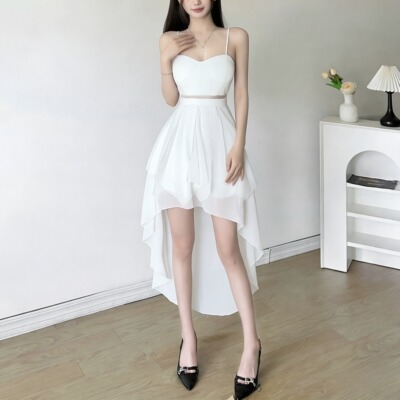 气质白色生日吊带连衣裙女收腰显瘦不规则裙摆派对宴会小礼服裙子