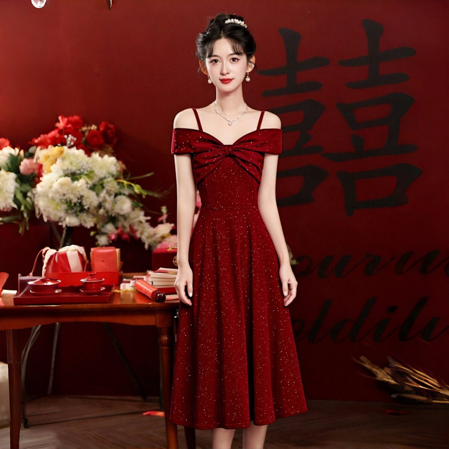 优雅一字肩红色A字款晚礼服女中长款敬酒服新娘高级感修身裙子女