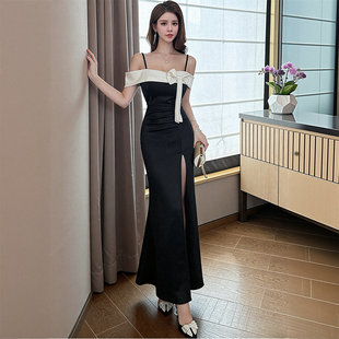 新款 足疗开叉晚礼服收腰日常可穿 一字肩吊带连衣裙足浴工作服修身