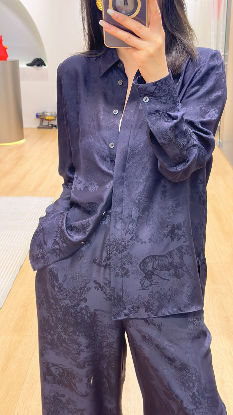 加厚重磅真丝 森林动物立体提花衬衫 直筒长裤休闲篙极感通勤套装
