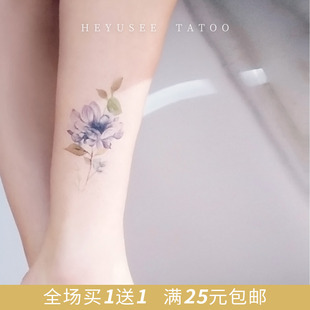 Heyusee原创纹身贴防水紫色花草植物女黑白持久小清新性感韩国