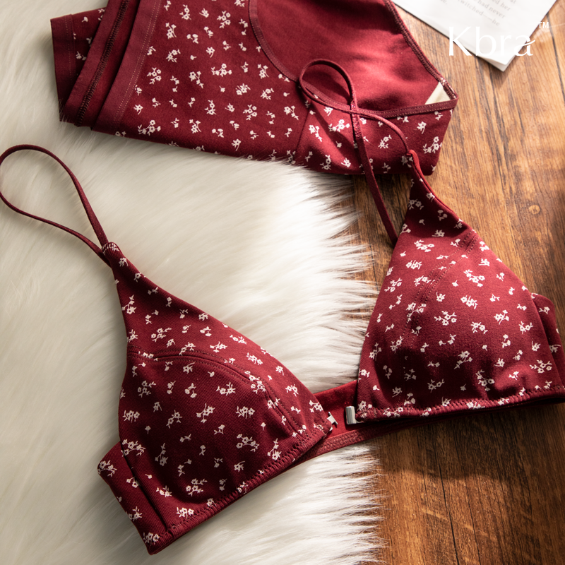 Kbra小碎花红色前扣美背三角杯内衣女本命年性感无痕超薄文胸套装