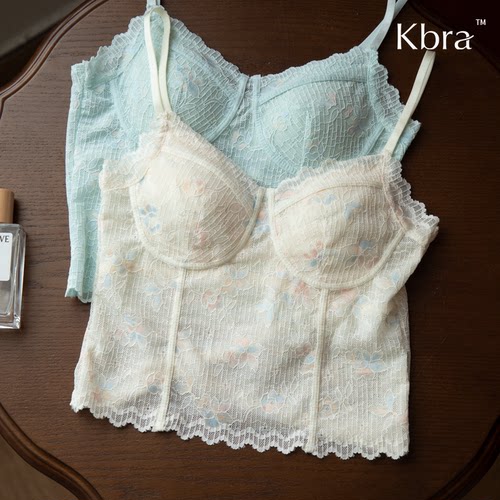 Kbra法式碎花蕾丝鱼骨吊带背心女