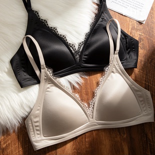 Kbra蕾丝边法式 细肩带性感深V无痕文胸 缎面三角杯内衣女2026新款
