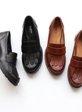 BORN力荐款偏大牛皮流苏单鞋女复古英伦风格帅气乐福鞋 舒适养脚