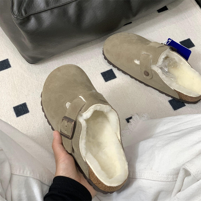 桑坡勃肯鞋厚底秋冬新款皮毛一体真软木博肯半拖鞋女外穿毛毛拖鞋
