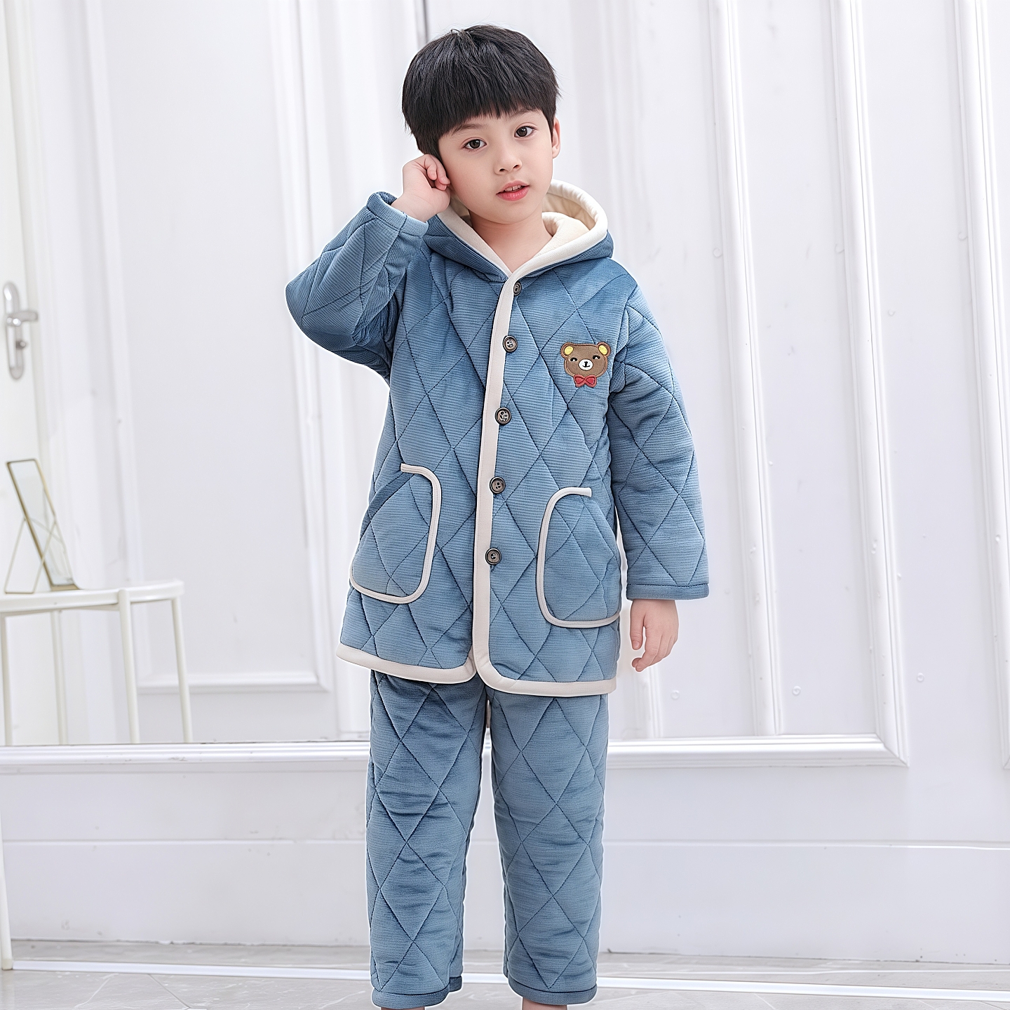 冬季三层夹棉加厚款保暖家居服