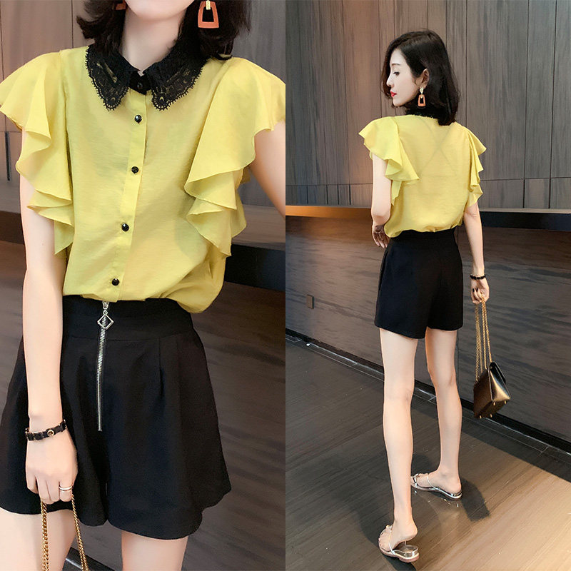 European Summer Station 2019 new pattern European goods yellow Lotus leaf shirt Self cultivation Show thin Korean Edition fashion jacketin the Women's clothing/Boutique , Shirt  category - from Buy2taobao.com to provide professional Taobao agent buy service