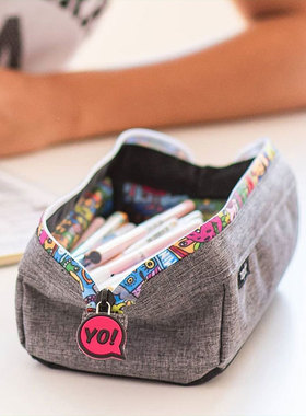 直销灰色帆布笔袋大容量文具袋超大Zipit拼接高初中生小众设计感M