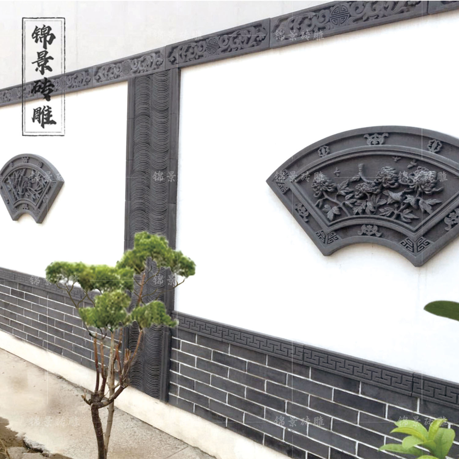 中式仿古砖雕浮雕扇形梅兰竹菊图片