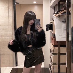 毛毛小个子年轻款 仿狐狸毛黑色环保皮草外套女短款 新款 2025秋冬季