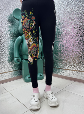 潮牌女士黑色紧身打底裤重工烫钻字母印花休闲长裤