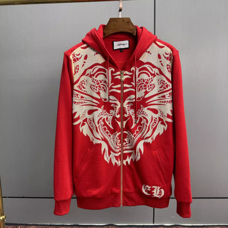 潮牌ED虎头烫钻连帽拉链卫衣