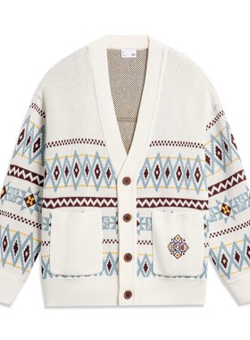 李宁宽松毛衣新年男子休闲时尚潮流百搭开衫无帽编织线衫AMBT249