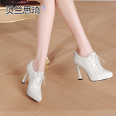 女2025春秋季 新款 33小码 真皮防水台高跟鞋 系带白色深口粗跟单鞋
