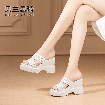 真皮镂空松糕厚底外穿坡跟凉拖鞋女2024夏季新款防水台高跟拖鞋