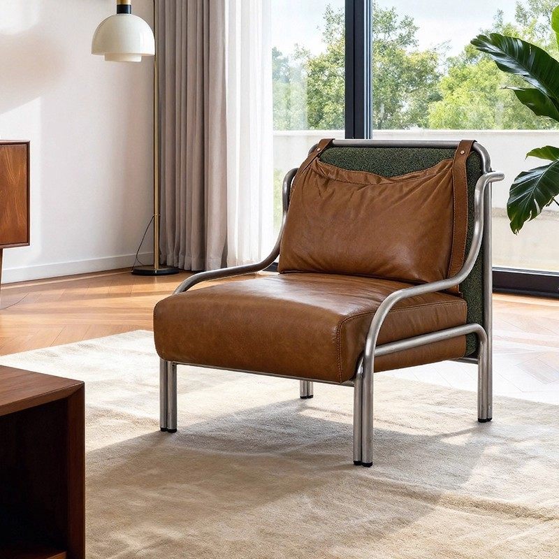 中古风皮质单人沙发休闲椅不锈钢棕色皮艺椅子书房咖啡厅民宿可用,住宅家具,沙发椅,淘宝优惠券,粉丝福利购,淘宝优惠卷