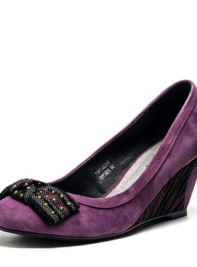 羊猄真皮单鞋女春秋紫色复古鞋子圆头坡跟浅口舒适高跟KLA3SC3101