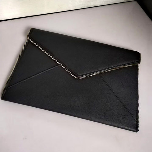 手拿包黑色皮革信封包超薄翻盖磁吸扣金属拉链装饰DF6421000710F