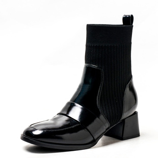 加绒棉靴真皮短靴子女黑色牛皮松紧带切尔西袜靴中粗跟MD23118002