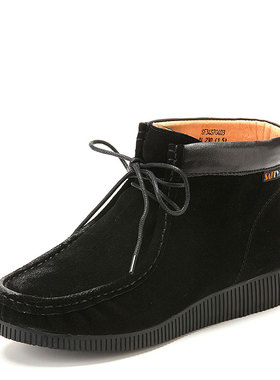 真皮短靴子女冬黑色磨砂牛皮圆头绑带低跟文艺复古坡跟SF34S70403