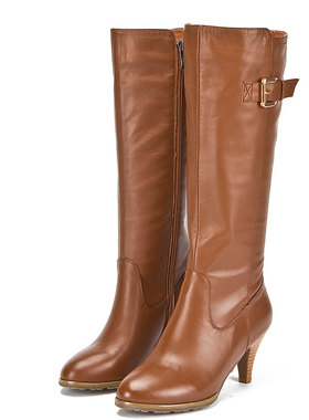 加绒棉靴真皮长靴子女冬棕色牛皮圆头高跟拉链百搭舒适FB24SQC0D1