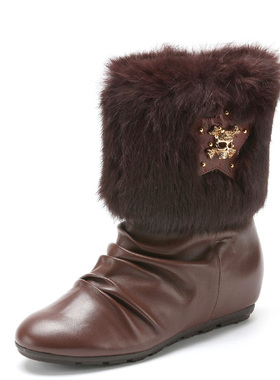 加绒棉靴真皮短靴子女冬牛皮兔毛毛皮草套筒内增高低跟SS14SX9311