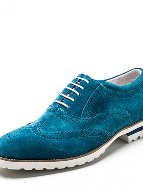 撤柜40码男士真皮鞋子蓝色磨砂牛皮系带雕花布洛克英伦SS61123607