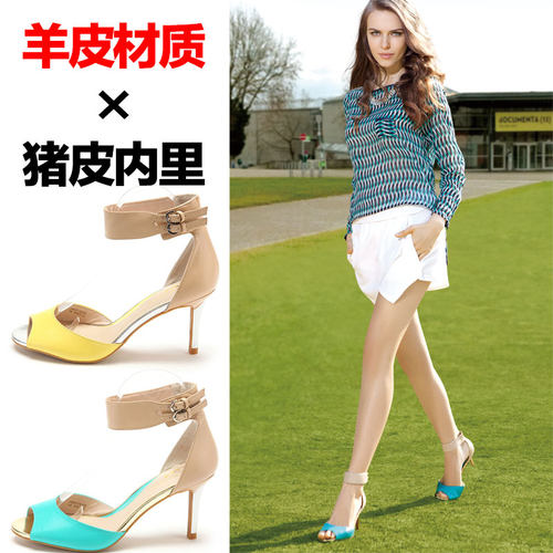 真皮凉鞋女夏季鱼嘴细高跟一字带