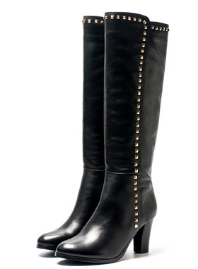 真皮长靴子女OL冬黑色牛皮高粗跟铆钉拉链圆头通勤时尚DF44116208