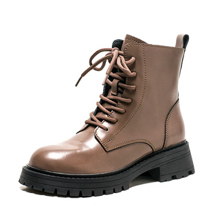 真皮马丁靴浅棕色牛皮短靴子女冬圆头厚底水台粗跟拉链SF24116024