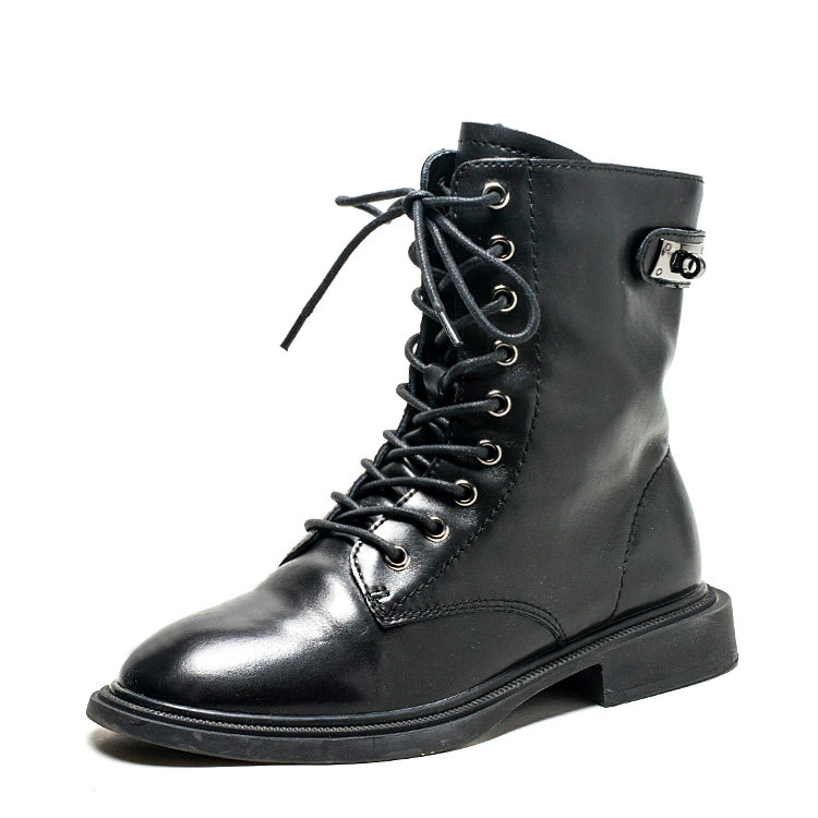 加绒全真皮短靴子女冬黑色牛皮马丁靴圆头平跟拉链百搭SS14116889