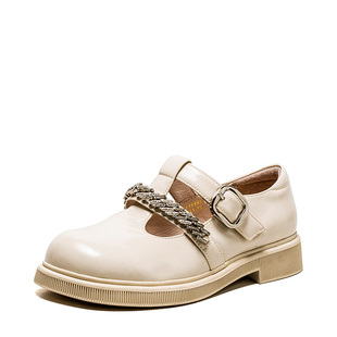 真皮玛丽珍鞋子圆头粗跟米白色牛皮单鞋厚底低跟魔术贴SF21111115