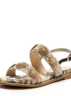 小码民族风凉鞋子女夏季露趾平跟水钻金属扣闪闪一字带MD22115037