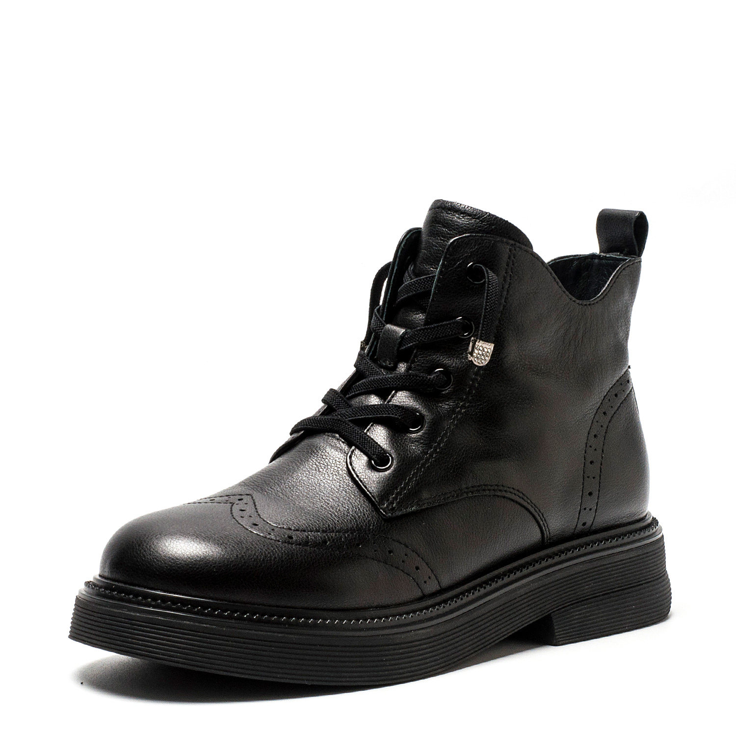 大码真皮短靴子女冬黑色牛皮马丁靴圆头粗跟绑带中性风SS34116471