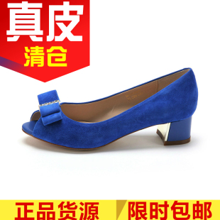瑕疵羊猄真皮单鞋 子低跟浅口春SS51117863 女鱼嘴粗跟蝴蝶结通勤鞋